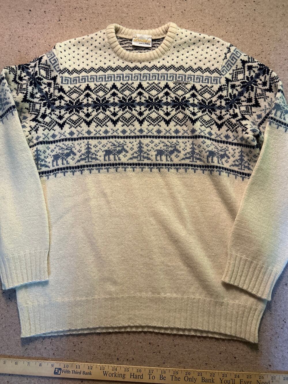 Sigi Scheiber VTG Wool Sweater Nordic Alps Cream Blue Unisex Large 44 Austria